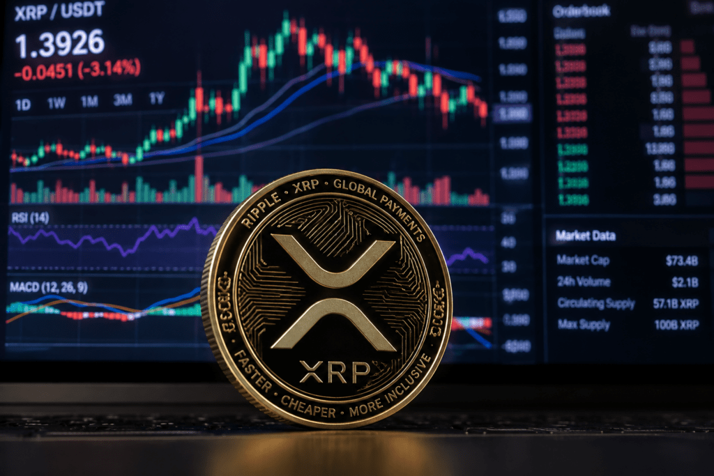 Gold XRP token stands in front of an XRP/USDT trading chart showing the cryptocurrency near $1.39 after a sharp decline.